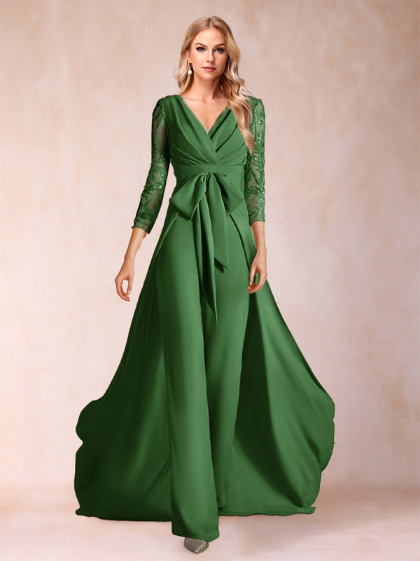 Chiffon V-Neck 3/4 Sleeves Floor-Length Ruched Mother of the Bride Pantsuits with Appliques