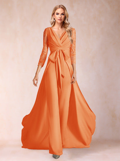 Chiffon V-Neck 3/4 Sleeves Floor-Length Ruched Mother of the Bride Pantsuits with Appliques