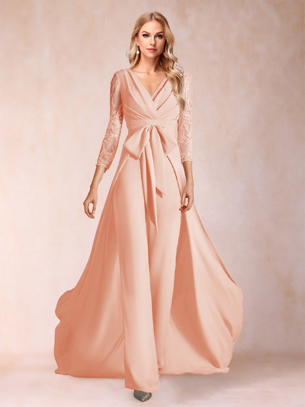 Chiffon V-Neck 3/4 Sleeves Floor-Length Ruched Mother of the Bride Pantsuits with Appliques