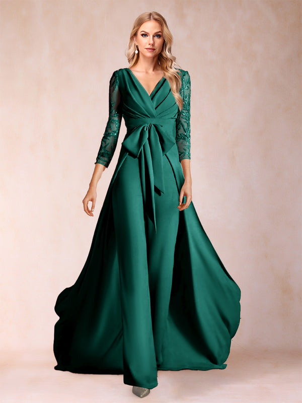 Chiffon V-Neck 3/4 Sleeves Floor-Length Ruched Mother of the Bride Pantsuits with Appliques