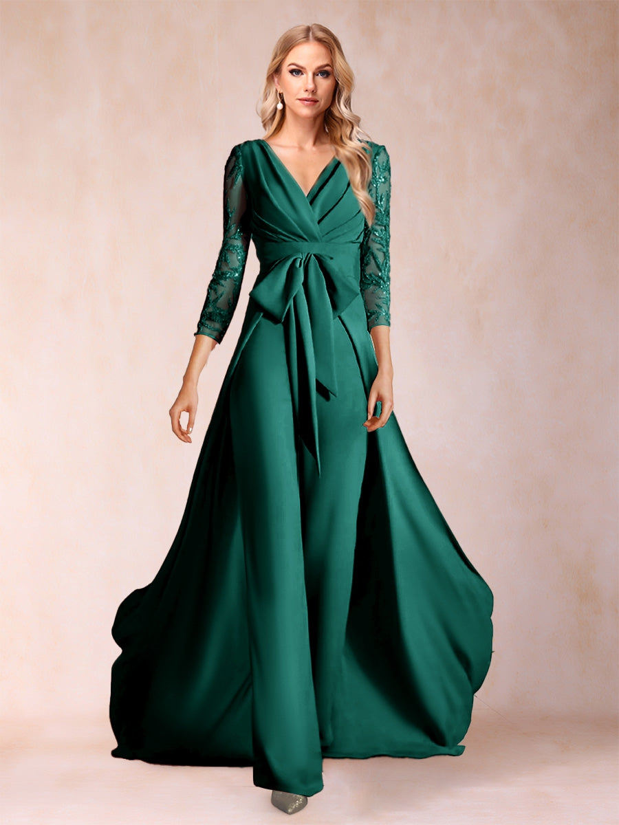 Chiffon V-Neck 3/4 Sleeves Floor-Length Ruched Mother of the Bride Pantsuits with Appliques