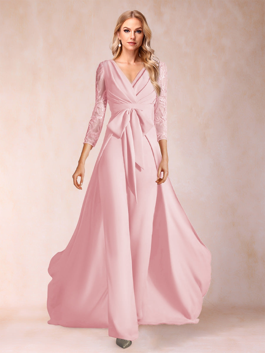Chiffon V-Neck 3/4 Sleeves Floor-Length Ruched Mother of the Bride Pantsuits with Appliques