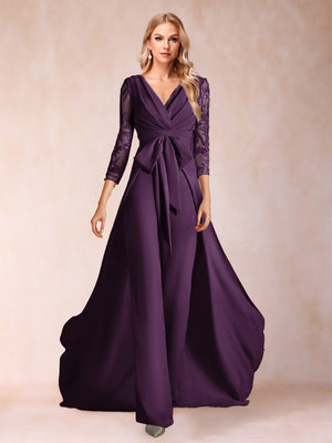 Chiffon V-Neck 3/4 Sleeves Floor-Length Ruched Mother of the Bride Pantsuits with Appliques