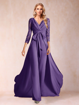 Chiffon V-Neck 3/4 Sleeves Floor-Length Ruched Mother of the Bride Pantsuits with Appliques