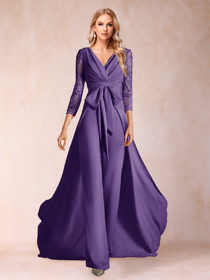 Chiffon V-Neck 3/4 Sleeves Floor-Length Ruched Mother of the Bride Pantsuits with Appliques