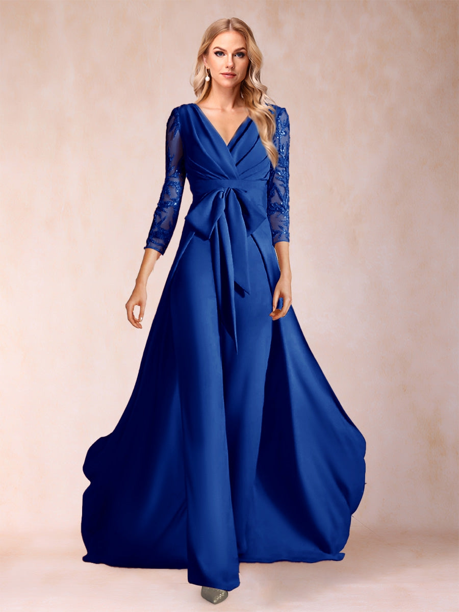 Chiffon V-Neck 3/4 Sleeves Floor-Length Ruched Mother of the Bride Pantsuits with Appliques