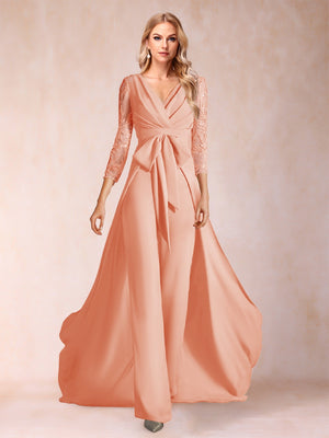 Chiffon V-Neck 3/4 Sleeves Floor-Length Ruched Mother of the Bride Pantsuits with Appliques
