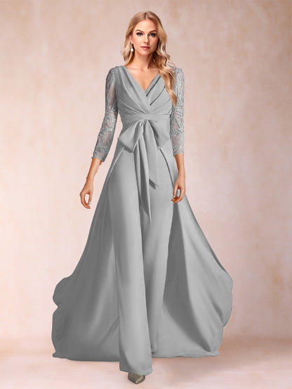 Chiffon V-Neck 3/4 Sleeves Floor-Length Ruched Mother of the Bride Pantsuits with Appliques