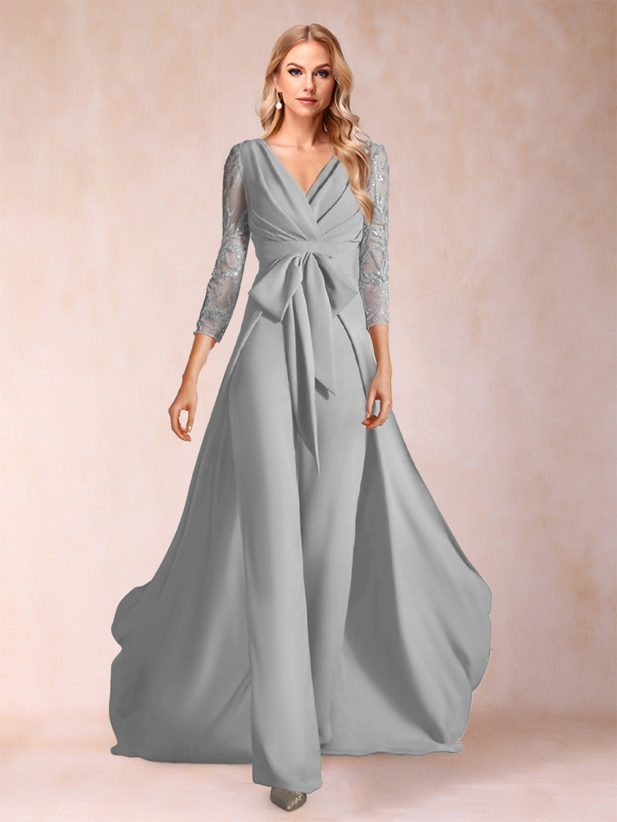 Chiffon V-Neck 3/4 Sleeves Floor-Length Ruched Mother of the Bride Pantsuits with Appliques