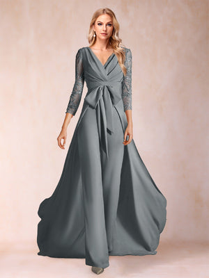 Chiffon V-Neck 3/4 Sleeves Floor-Length Ruched Mother of the Bride Pantsuits with Appliques