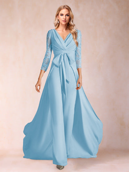 Chiffon V-Neck 3/4 Sleeves Floor-Length Ruched Mother of the Bride Pantsuits with Appliques