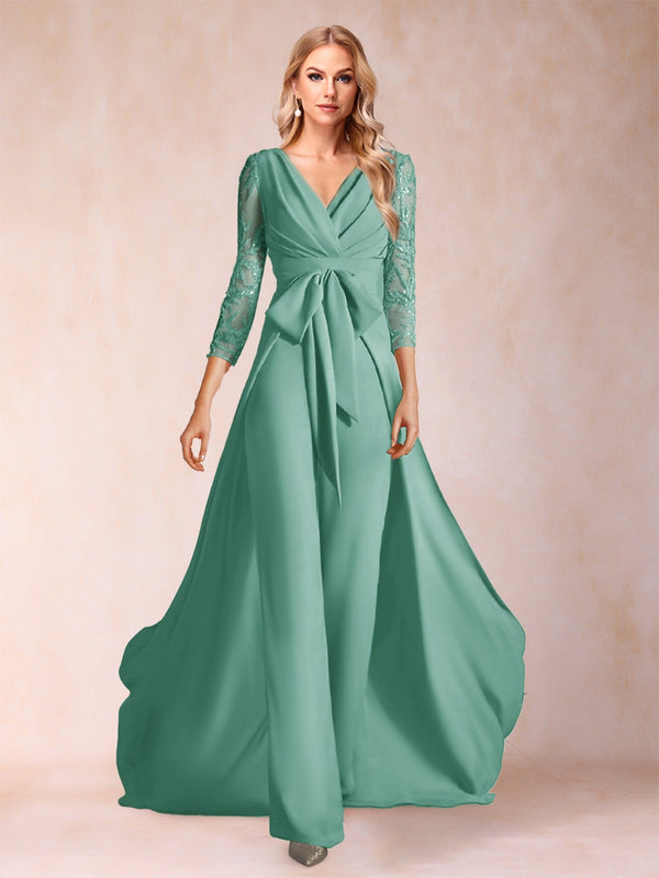 Chiffon V-Neck 3/4 Sleeves Floor-Length Ruched Mother of the Bride Pantsuits with Appliques