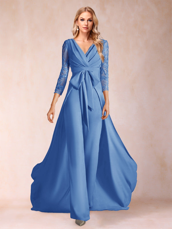 Chiffon V-Neck 3/4 Sleeves Floor-Length Ruched Mother of the Bride Pantsuits with Appliques