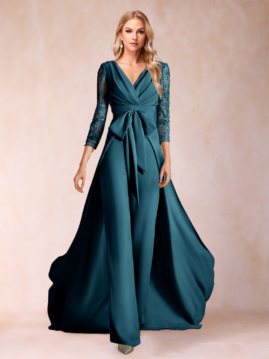 Chiffon V-Neck 3/4 Sleeves Floor-Length Ruched Mother of the Bride Pantsuits with Appliques