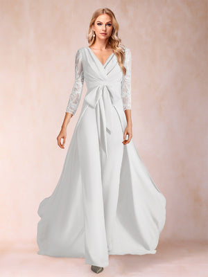 Chiffon V-Neck 3/4 Sleeves Floor-Length Ruched Mother of the Bride Pantsuits with Appliques