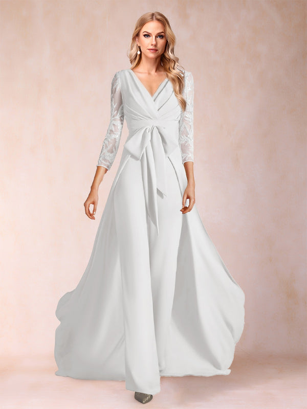 Chiffon V-Neck 3/4 Sleeves Floor-Length Ruched Mother of the Bride Pantsuits with Appliques