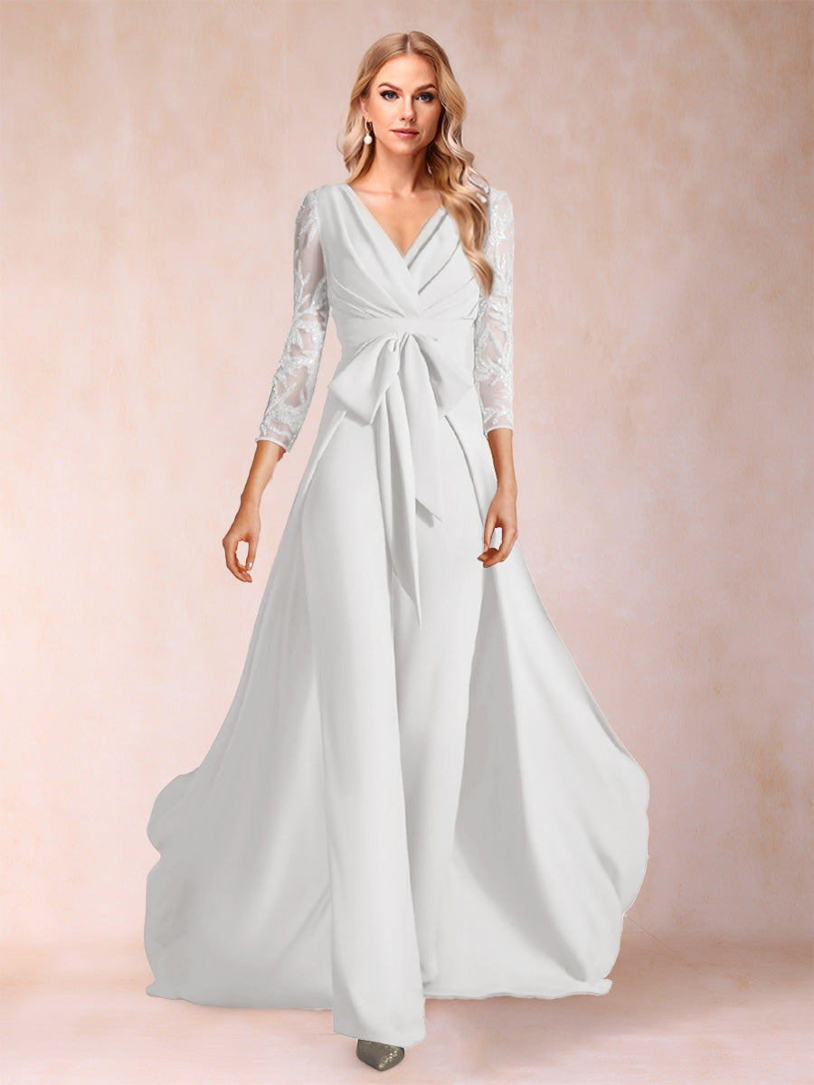 Chiffon V-Neck 3/4 Sleeves Floor-Length Ruched Mother of the Bride Pantsuits with Appliques