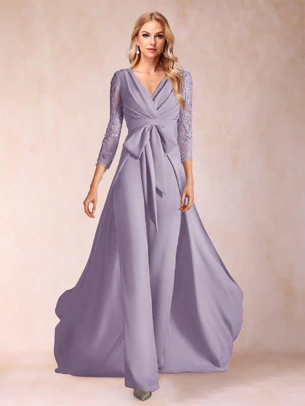 Chiffon V-Neck 3/4 Sleeves Floor-Length Ruched Mother of the Bride Pantsuits with Appliques