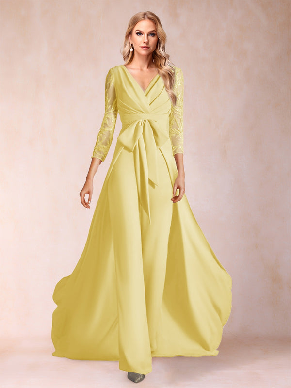 Chiffon V-Neck 3/4 Sleeves Floor-Length Ruched Mother of the Bride Pantsuits with Appliques