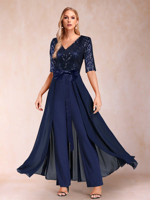 Sequin V-Neck Half Sleeves Floor-Length Mother of the Bride Pantsuits with Bow