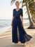 Pantsuits V-Neck Half Sleeves Floor-Length Mother of the Bride with Bow &  Sequin