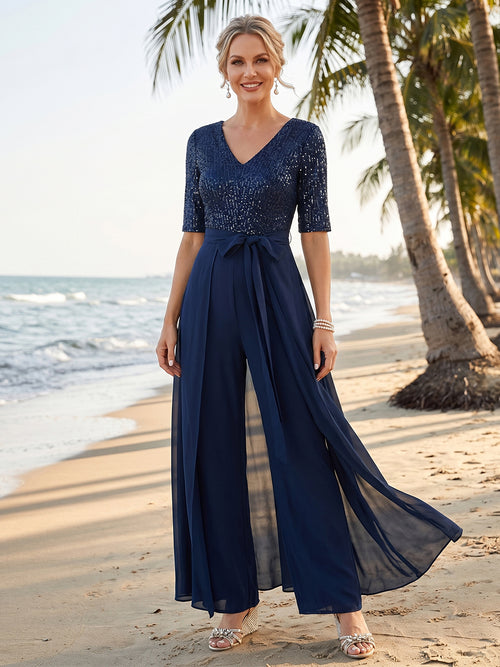 Pantsuits V-Neck Half Sleeves Floor-Length Mother of the Bride with Bow &  Sequin