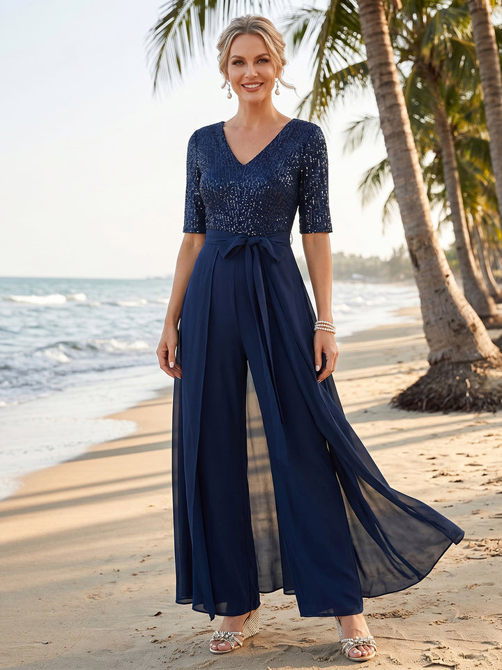 Pantsuits V-Neck Half Sleeves Floor-Length Mother of the Bride with Bow &amp;  Sequin