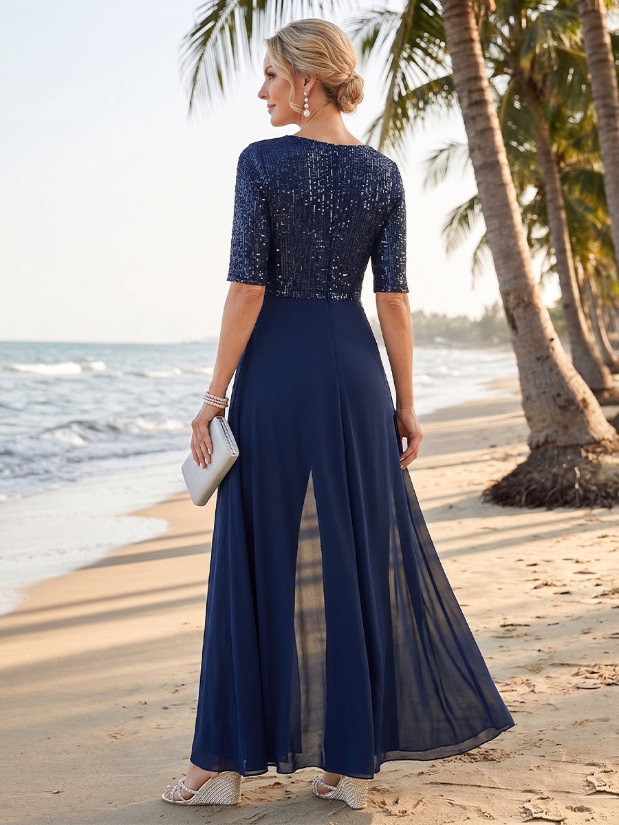 Pantsuits V-Neck Half Sleeves Floor-Length Mother of the Bride with Bow &amp;  Sequin