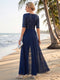 Pantsuits V-Neck Half Sleeves Floor-Length Mother of the Bride with Bow &  Sequin