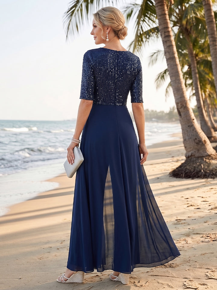Pantsuits V-Neck Half Sleeves Floor-Length Mother of the Bride with Bow &amp;  Sequin