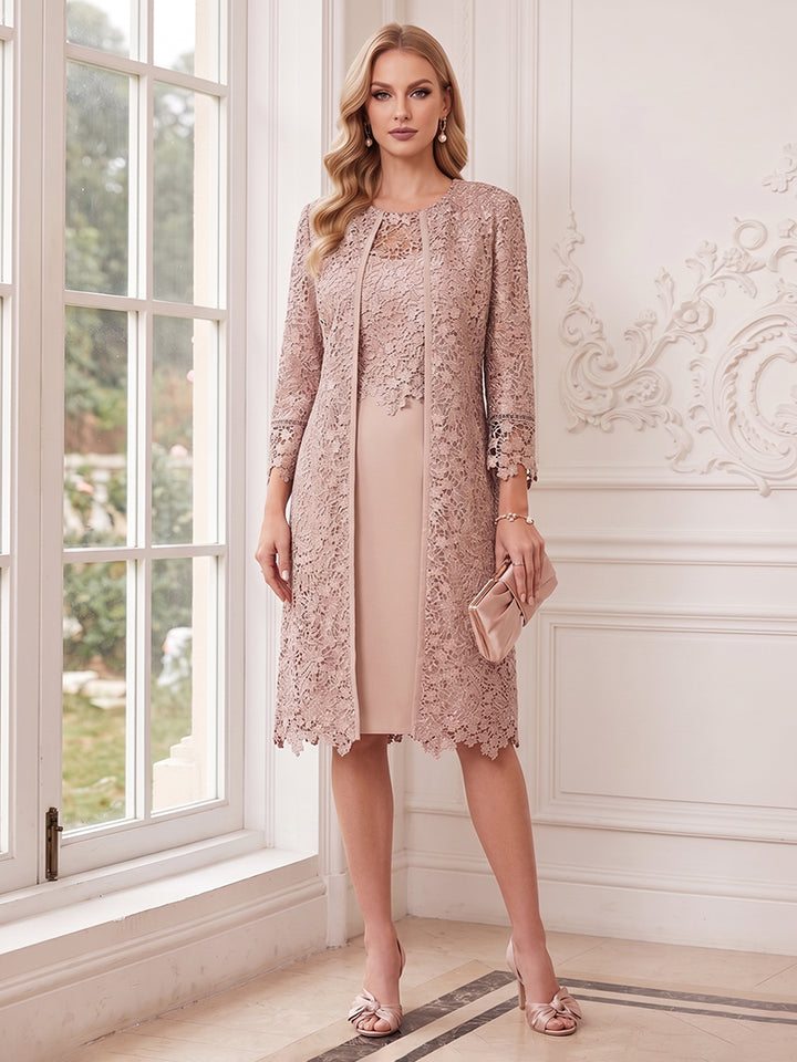 Sheath/Column Scoop 3/4 Sleeves Knee Length 2 Pieces Mother of the Bride Dresses with Jacket &amp; Lace