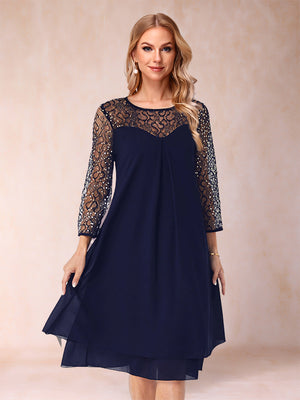 Sheath/Column Scoop Long Sleeves Knee-Length Mother of the Bride Dresses with Rhinestones