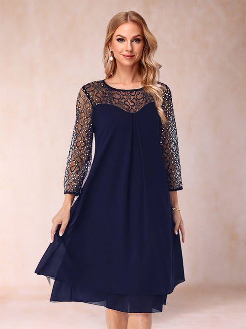 Sheath/Column Scoop Long Sleeves Knee-Length Mother of the Bride Dresses with Rhinestones