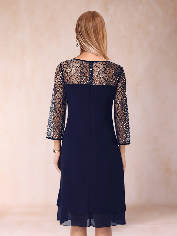 Sheath/Column Scoop Long Sleeves Knee-Length Mother of the Bride Dresses with Rhinestones