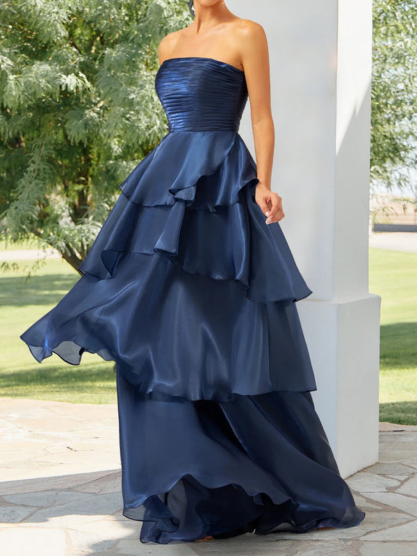 A-Line/Princess Strapless Ruffle Tiered Prom Dresses with Split Side
