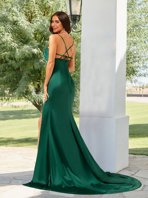 Trumpet/Mermaid Straps Pleated Long Bridesmaid Dresses with Split Side