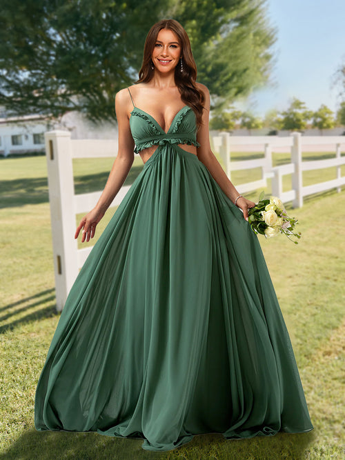 A-Line/Princess Straps V-Neck Side Cutout Bridesmaid Dresses with Ruffles