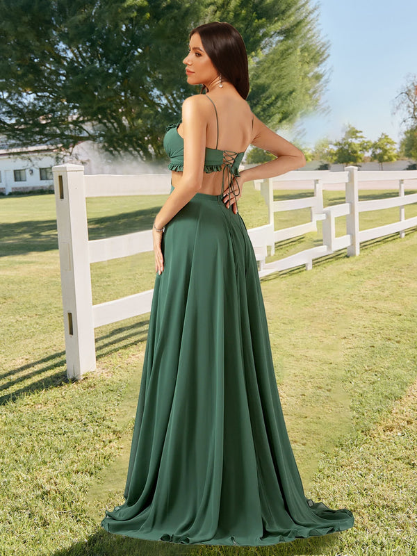 A-Line/Princess Straps V-Neck Side Cutout Bridesmaid Dresses with Ruffles