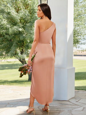 Sheath/Column One-Shoulder Pleated Tea-Length Bridesmaid Dresses with Ruffles