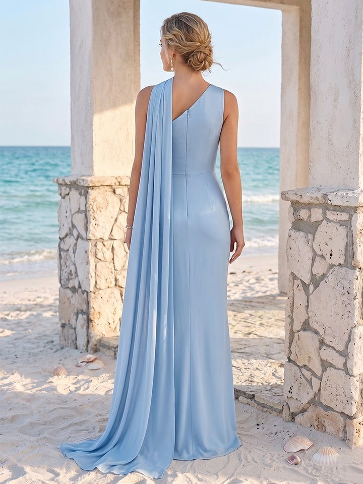 Sheath/Column One-Shoulder Floor-Length Long Bridesmaid Dresses With Neck Scarf