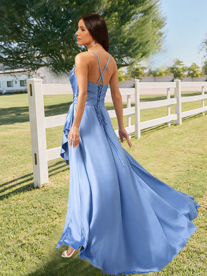 A-Line/Princess Cowl Neck Straps Floor-Length Long Bridesmaid Dresses Ruffles