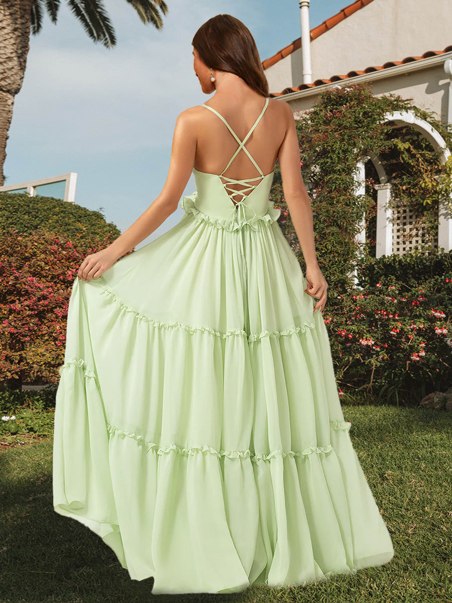 A-Line/Princess V-Neck Straps Floor-Length Long Ruffle Bridesmaid Dresses
