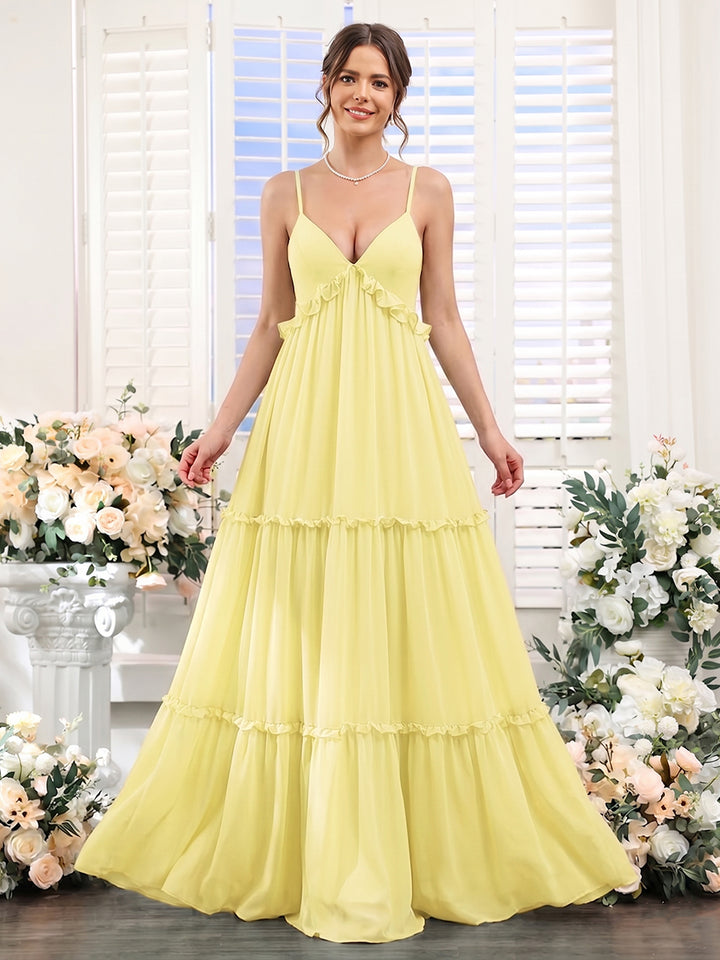A-Line/Princess V-Neck Spaghetti Straps Floor-Length Long Bridesmaid Dresses With Ruffles