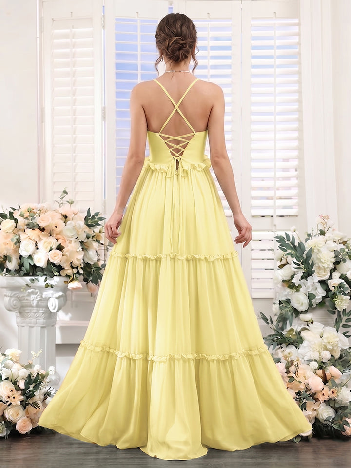 A-Line/Princess V-Neck Spaghetti Straps Floor-Length Long Bridesmaid Dresses With Ruffles