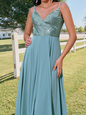 A-Line/Princess V-Neck Straps Floor-Length Long Bridesmaid Dresses with Sequins