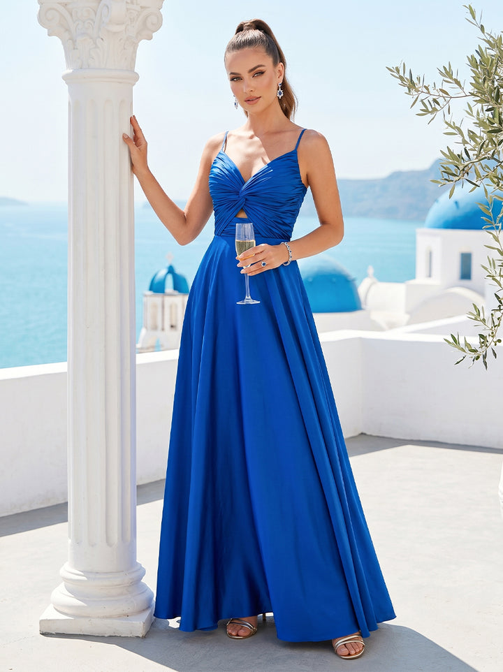 A-Line/Princess V-Neck Straps Floor-Length Pleated Long Bridesmaid Dresses