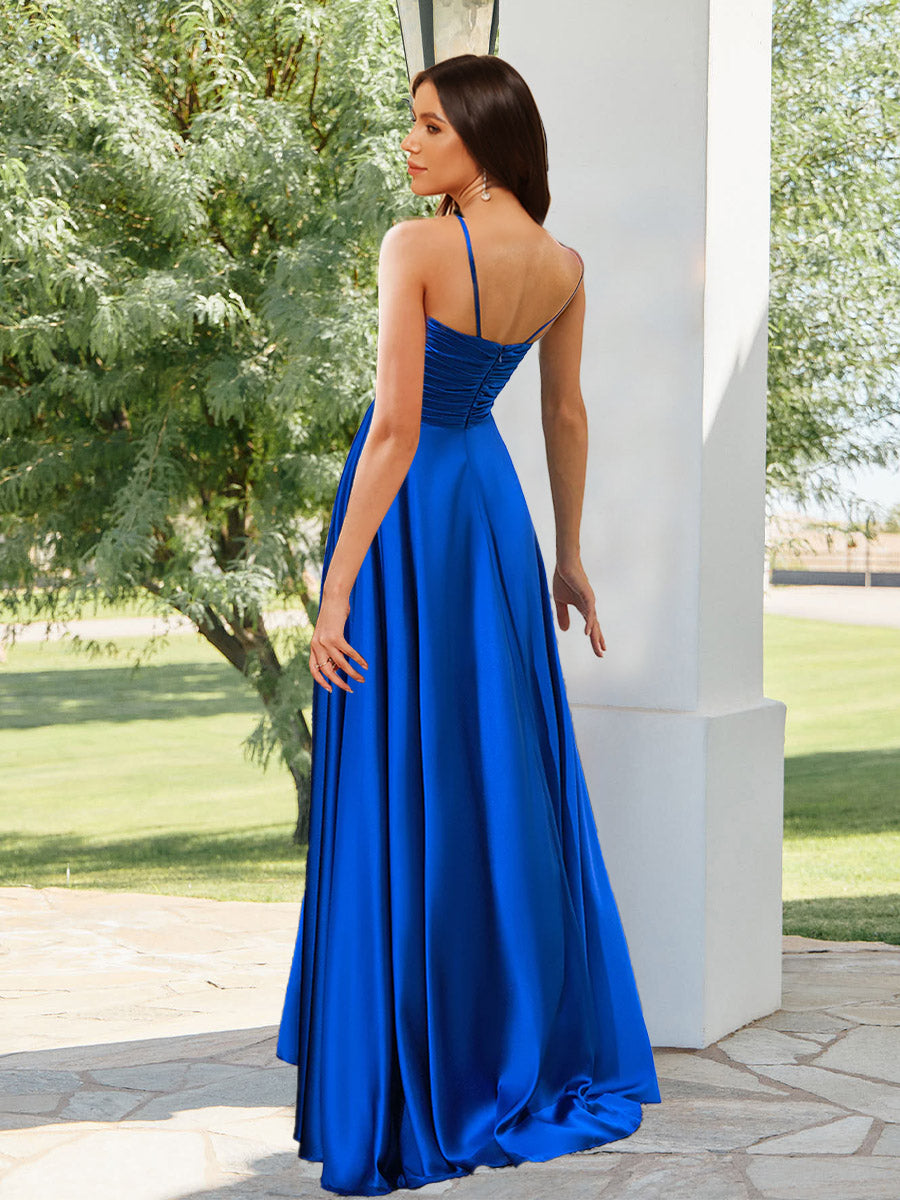 A-Line/Princess V-Neck Straps Floor-Length Pleated Long Bridesmaid Dresses