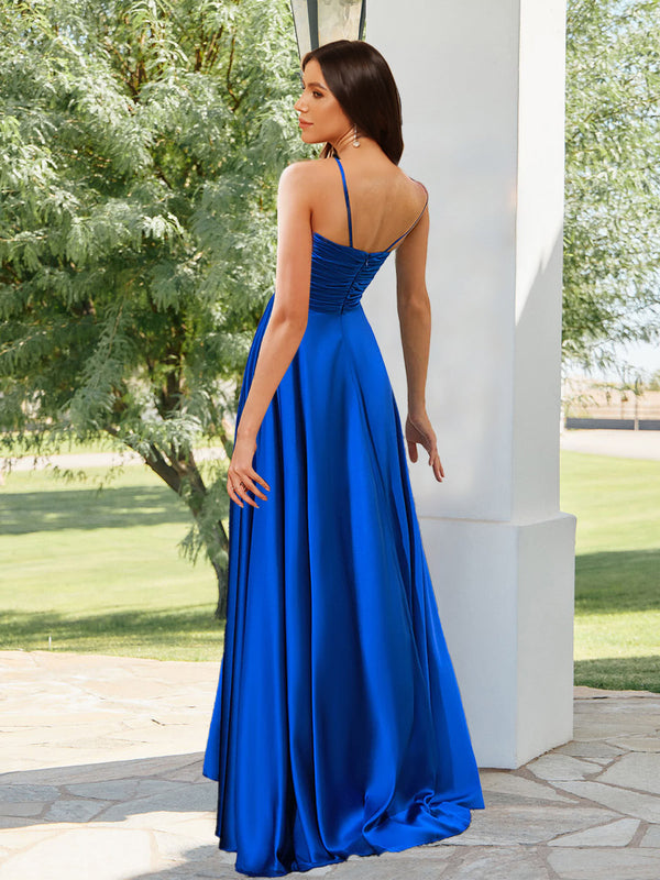 A-Line/Princess V-Neck Straps Floor-Length Pleated Long Bridesmaid Dresses