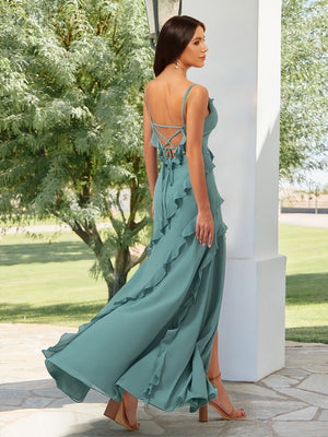 Sheath/Column Straps V-Neck Floor-Length Tiered Long Bridesmaid Dresses with Ruffles