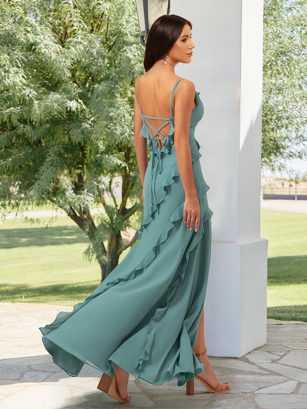 Sheath/Column Straps V-Neck Floor-Length Tiered Long Bridesmaid Dresses with Ruffles